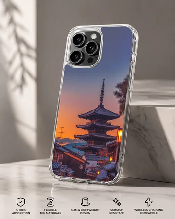 Chinese temple pagoda silhouetted against a vibrant sunset sky on a phone case — Specs