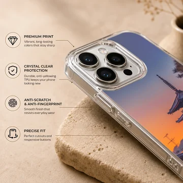 Chinese temple pagoda silhouetted against a vibrant sunset sky on a phone case — Info