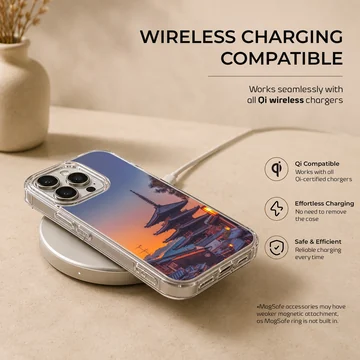 Chinese temple pagoda silhouetted against a vibrant sunset sky on a phone case — Charging
