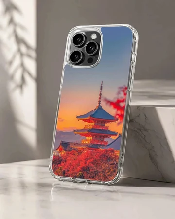 Chinese temple pagoda at sunset surrounded by red autumn foliage phone case