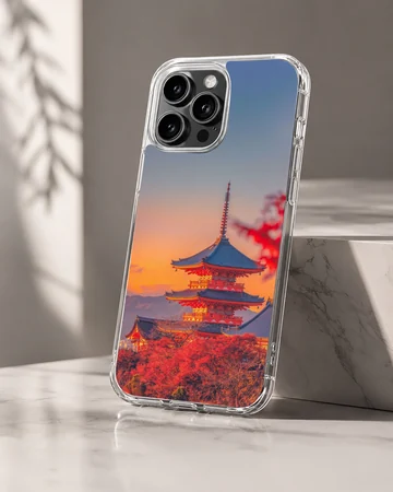 Chinese temple pagoda at sunset surrounded by red autumn foliage phone case — Hero