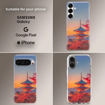 Chinese temple pagoda at sunset surrounded by red autumn foliage phone case — Collage