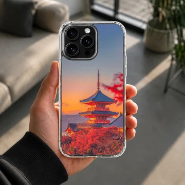 Chinese temple pagoda at sunset surrounded by red autumn foliage phone case — Lifestyle
