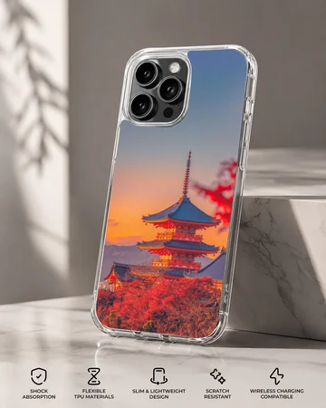 Chinese temple pagoda at sunset surrounded by red autumn foliage phone case — Specs