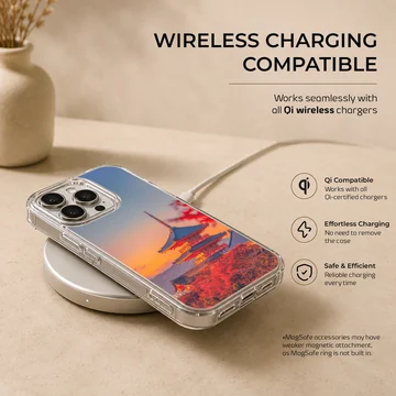 Chinese temple pagoda at sunset surrounded by red autumn foliage phone case — Charging