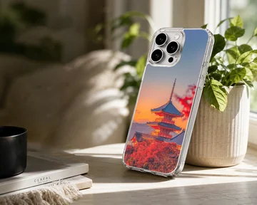 Chinese temple pagoda at sunset surrounded by red autumn foliage phone case — Lifestyle