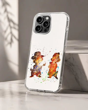 Watercolor painting of two mischievous chipmunks with paint splatters on a phone case — Hero