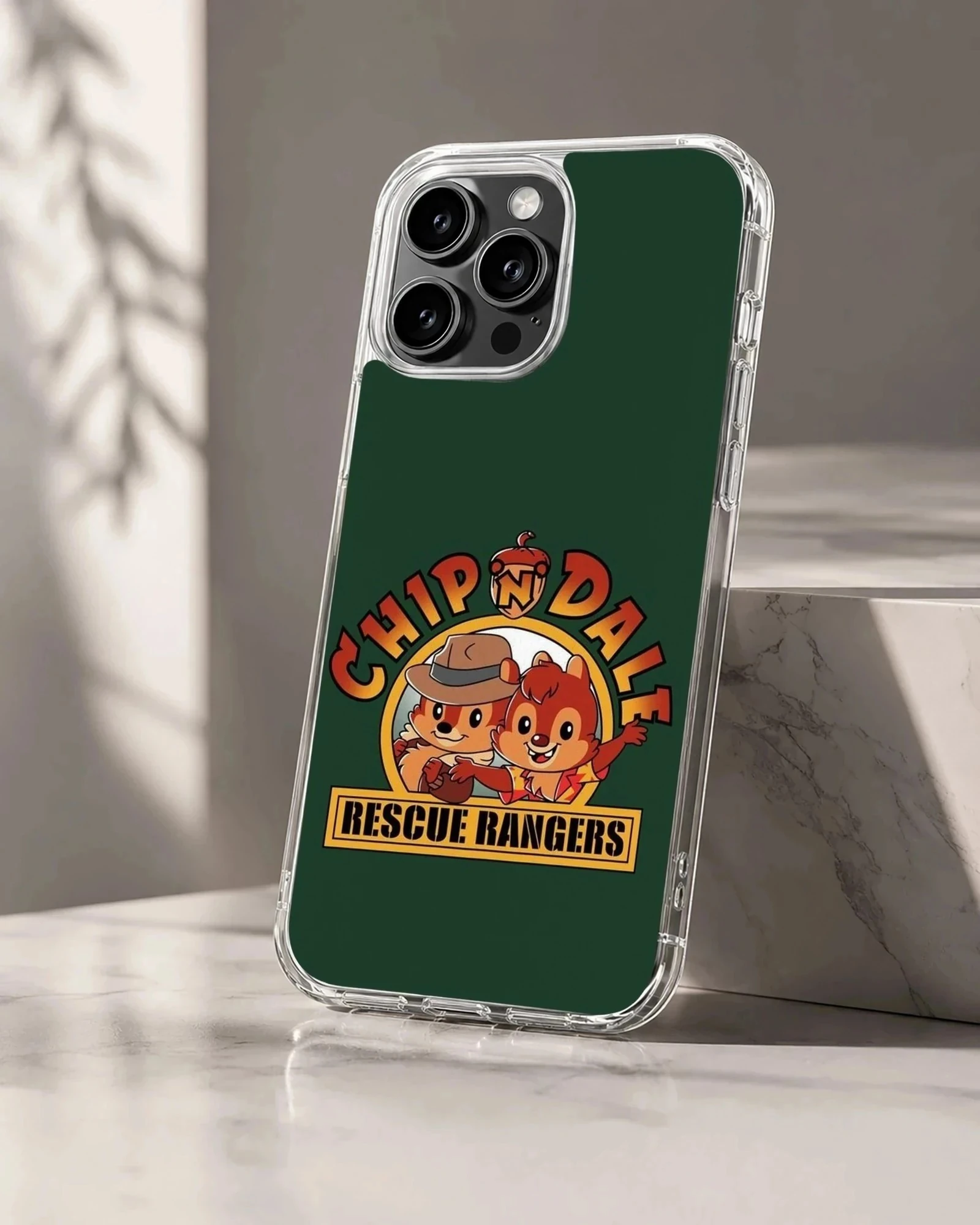 Chip and Dale cartoon characters with Rescue Rangers lettering on a green background phone case