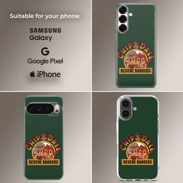 Chip and Dale cartoon characters with Rescue Rangers lettering on a green background phone case — Collage