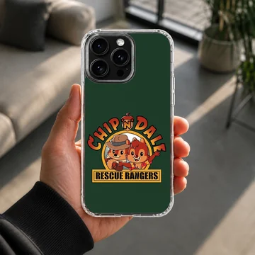 Chip and Dale cartoon characters with Rescue Rangers lettering on a green background phone case — Lifestyle