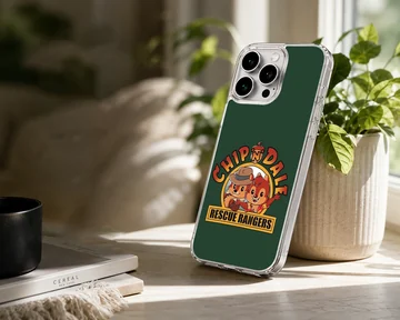 Chip and Dale cartoon characters with Rescue Rangers lettering on a green background phone case — Lifestyle
