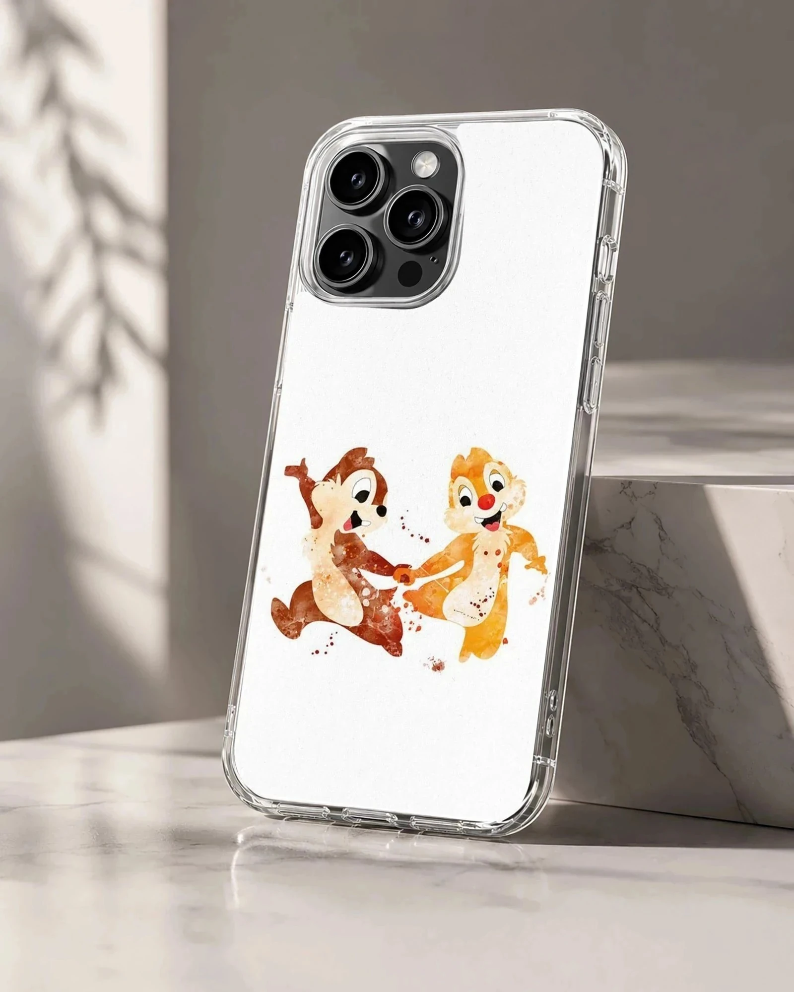 Watercolor illustration of two playful cartoon chipmunks dancing together on a phone case