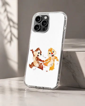 Watercolor illustration of two playful cartoon chipmunks dancing together on a phone case — Hero