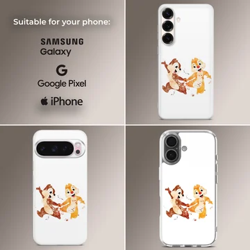 Watercolor illustration of two playful cartoon chipmunks dancing together on a phone case — Collage