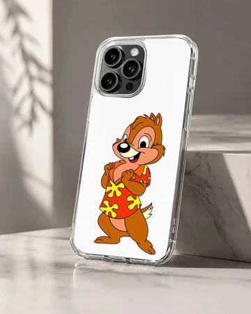 A cartoon chipmunk wearing a bright red tropical shirt with yellow flower patterns on a phone case