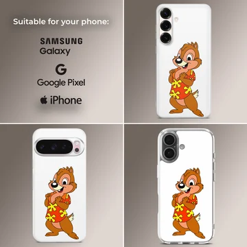 A cartoon chipmunk wearing a bright red tropical shirt with yellow flower patterns on a phone case — Collage