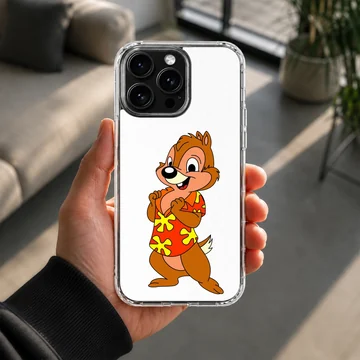 A cartoon chipmunk wearing a bright red tropical shirt with yellow flower patterns on a phone case — Lifestyle