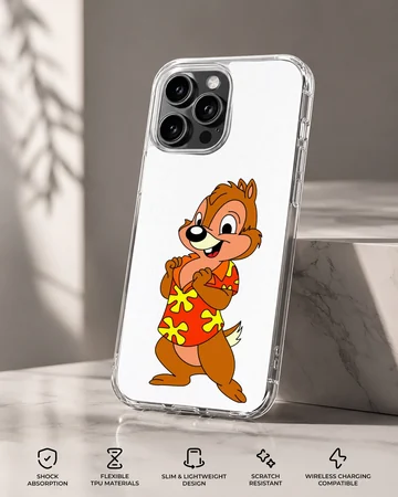 A cartoon chipmunk wearing a bright red tropical shirt with yellow flower patterns on a phone case — Specs
