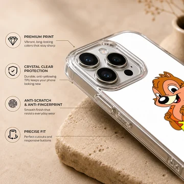 A cartoon chipmunk wearing a bright red tropical shirt with yellow flower patterns on a phone case — Info