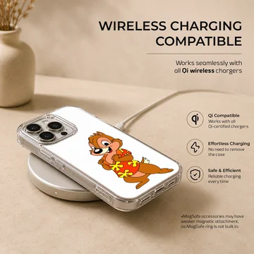 A cartoon chipmunk wearing a bright red tropical shirt with yellow flower patterns on a phone case — Charging