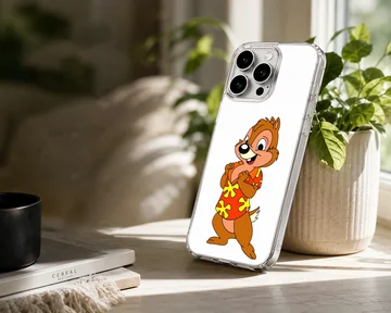 A cartoon chipmunk wearing a bright red tropical shirt with yellow flower patterns on a phone case — Lifestyle