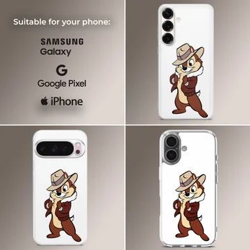 Animated chipmunk detective in brown jacket and fedora hat printed on a phone case — Collage