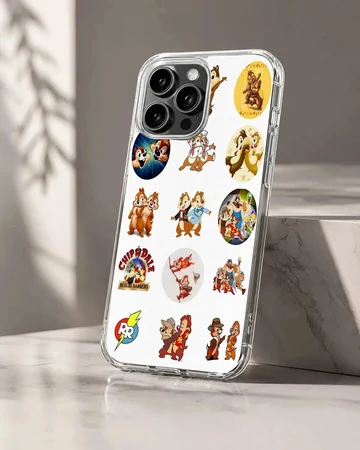 Collage of classic Chip and Dale cartoon stickers on a white phone case