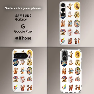 Collage of classic Chip and Dale cartoon stickers on a white phone case — Collage