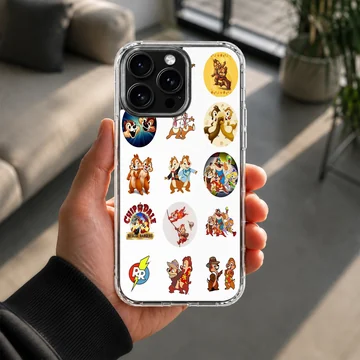 Collage of classic Chip and Dale cartoon stickers on a white phone case — Lifestyle