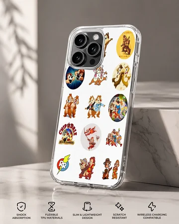 Collage of classic Chip and Dale cartoon stickers on a white phone case — Specs