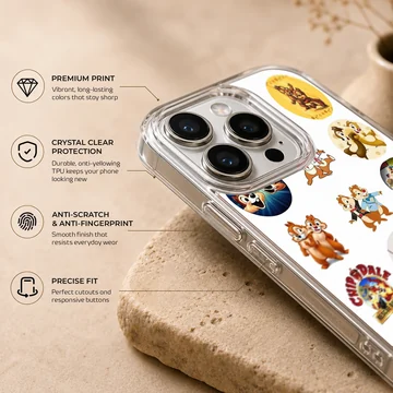 Collage of classic Chip and Dale cartoon stickers on a white phone case — Info