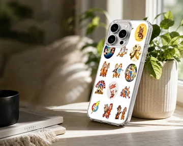 Collage of classic Chip and Dale cartoon stickers on a white phone case — Lifestyle