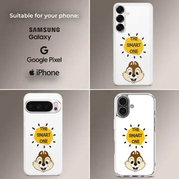 Chip and Dale cartoon character with the text The Smart One inside a yellow shape on a phone case — Collage