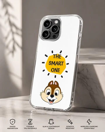 Chip and Dale cartoon character with the text The Smart One inside a yellow shape on a phone case — Specs