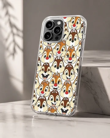An allover pattern of classic cartoon chipmunk faces with red noses on a phone case — Hero