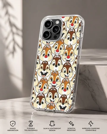An allover pattern of classic cartoon chipmunk faces with red noses on a phone case — Specs