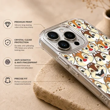 An allover pattern of classic cartoon chipmunk faces with red noses on a phone case — Info