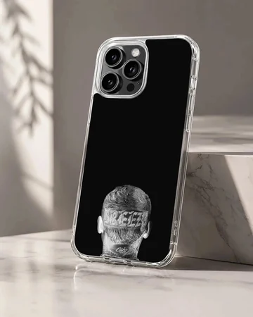 Monochrome portrait artwork showing the back of a head with detailed tattoos on a phone case