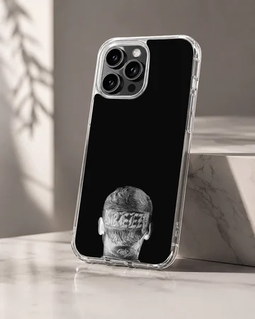 Monochrome portrait artwork showing the back of a head with detailed tattoos on a phone case — Hero