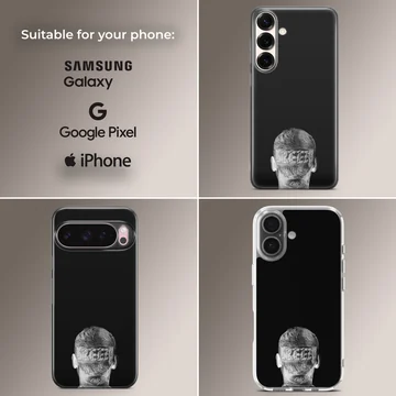 Monochrome portrait artwork showing the back of a head with detailed tattoos on a phone case — Collage