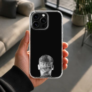 Monochrome portrait artwork showing the back of a head with detailed tattoos on a phone case — Lifestyle