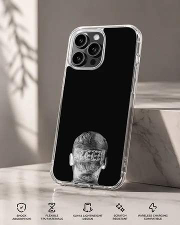Monochrome portrait artwork showing the back of a head with detailed tattoos on a phone case — Specs