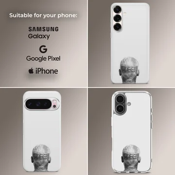 Monochrome photographic print of the back of a head with tattoos and neck lettering on a phone case — Collage