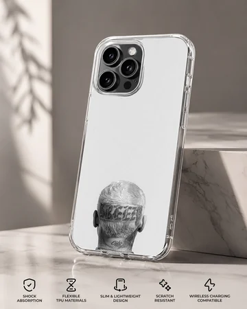 Monochrome photographic print of the back of a head with tattoos and neck lettering on a phone case — Specs
