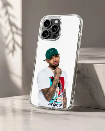 Chris Brown wearing a green cap and graphic t-shirt phone case