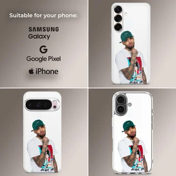 Chris Brown wearing a green cap and graphic t-shirt phone case — Collage