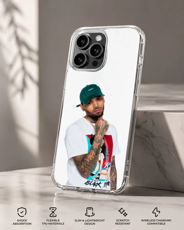 Chris Brown wearing a green cap and graphic t-shirt phone case — Specs