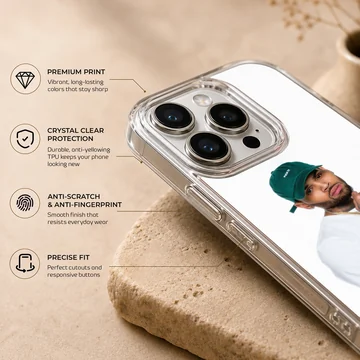 Chris Brown wearing a green cap and graphic t-shirt phone case — Info