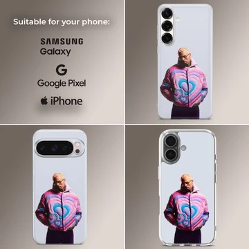 Chris Brown in a colorful pink and blue heart puffer jacket on a phone case — Collage