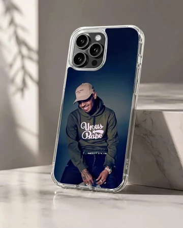 Chris Brown wearing an olive hoodie and cap printed on a matte phone case